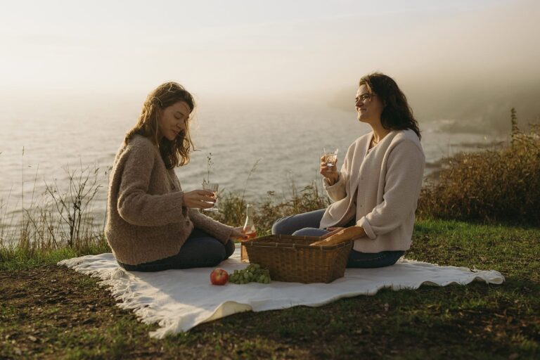 Two women sit on a blanket by the sea clinking glasses with wine, fruit, and a basket between them.