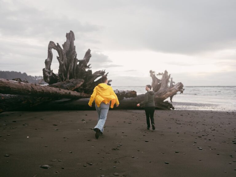 Two people run on wet black sand beside a massive piece of driftwood, waves in the distance.